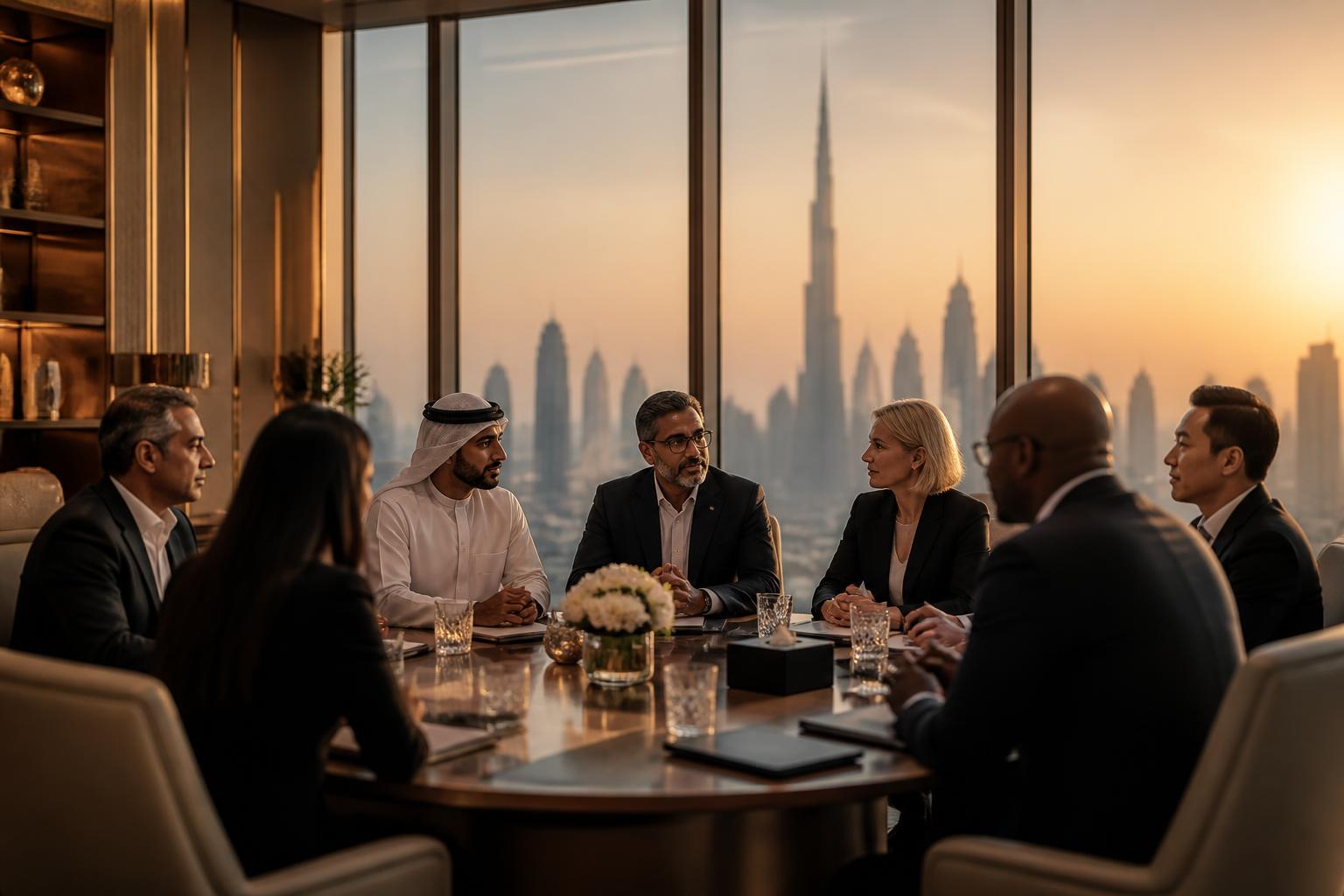 Executive networking roundtable with the Dubai skyline in the background